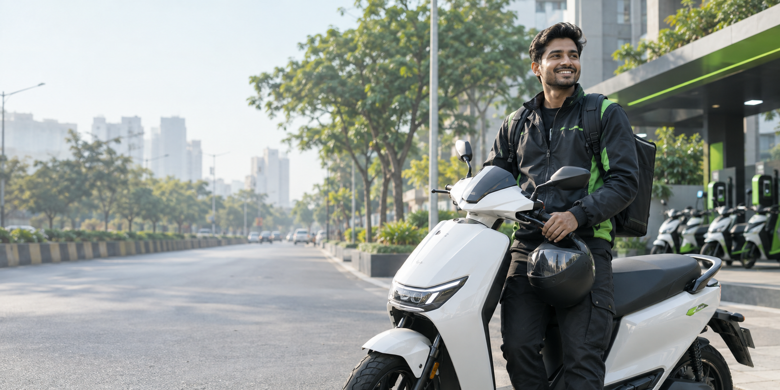 Indian delivery rider with an electric scooter outside a mobility hub